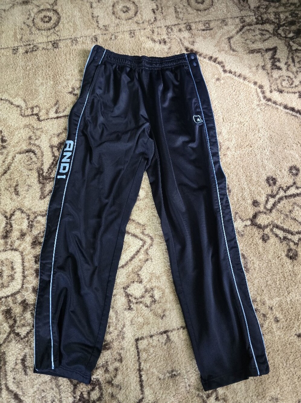 AND1 Men’s Black Athletic Track Pants with Light Blue Trim
